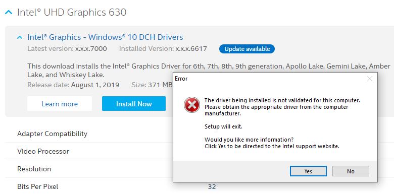 Optiplex 7470 Intel assistant finds UHD 630 graphics driver update fails.